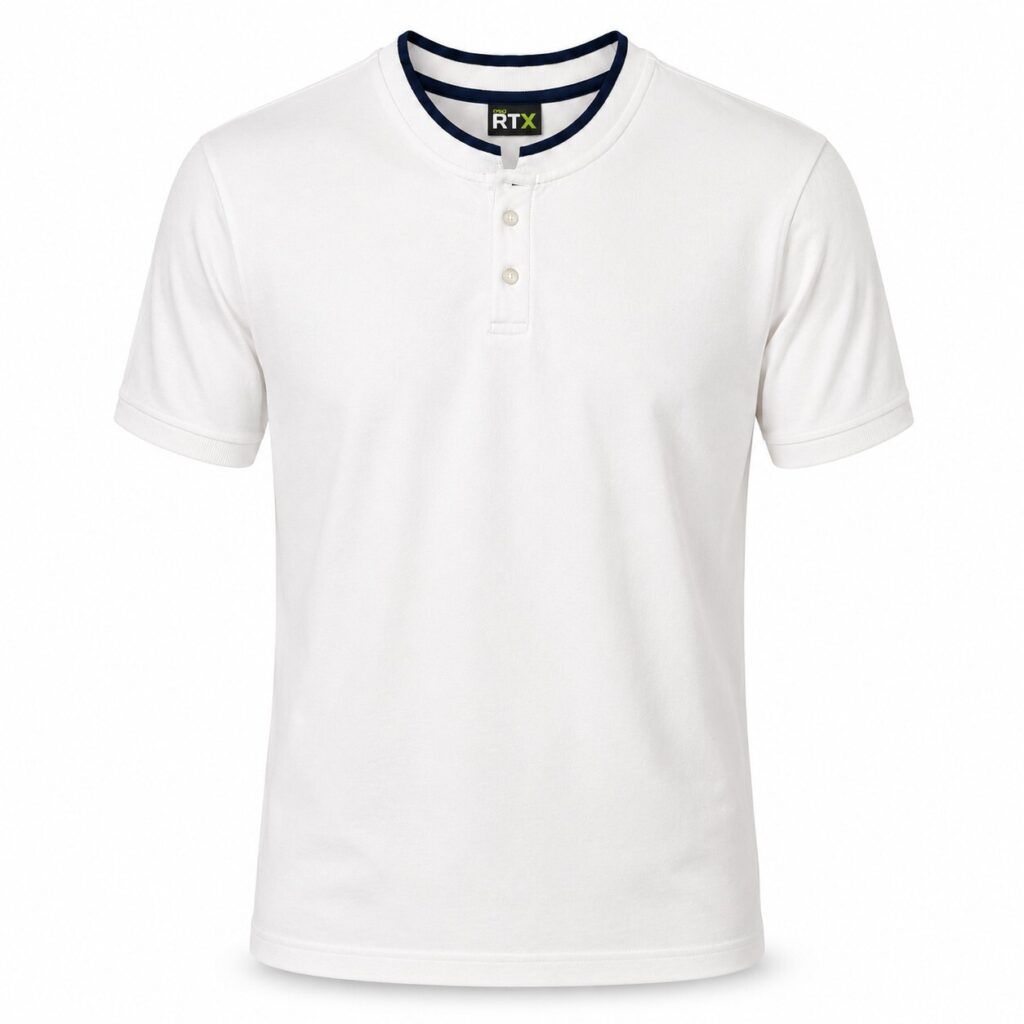 Men's White Navy Polo Shirt Short Sleeve Henley, Size M