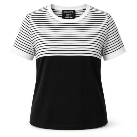 Women's Curve Black and White Striped Short Sleeve T-Shirt, Size 8X