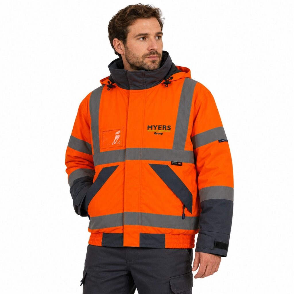 Leo Workwear S Hi Vis Orange Bomber Jacket Reflective Fleece Lined Safety Coat