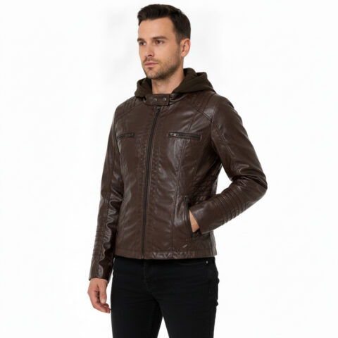 Mens Faux Leather Biker Jacket L Brown Hooded Moto Zip Up Motorcycle Style Coat