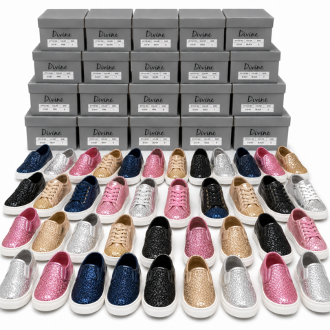Divine Girls Glitter Trainers — 25 Pair Warehouse Lot (Mixed Sizes)