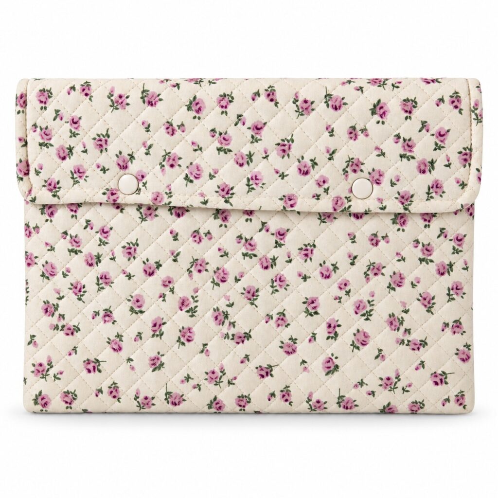 Floral Quilted Clutch / Pouch – Cream with Pink Rose Pattern