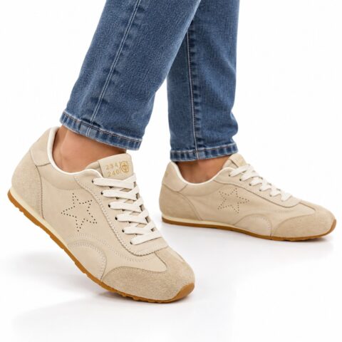Women's Beige Suede and Leather Sneakers, Size 4