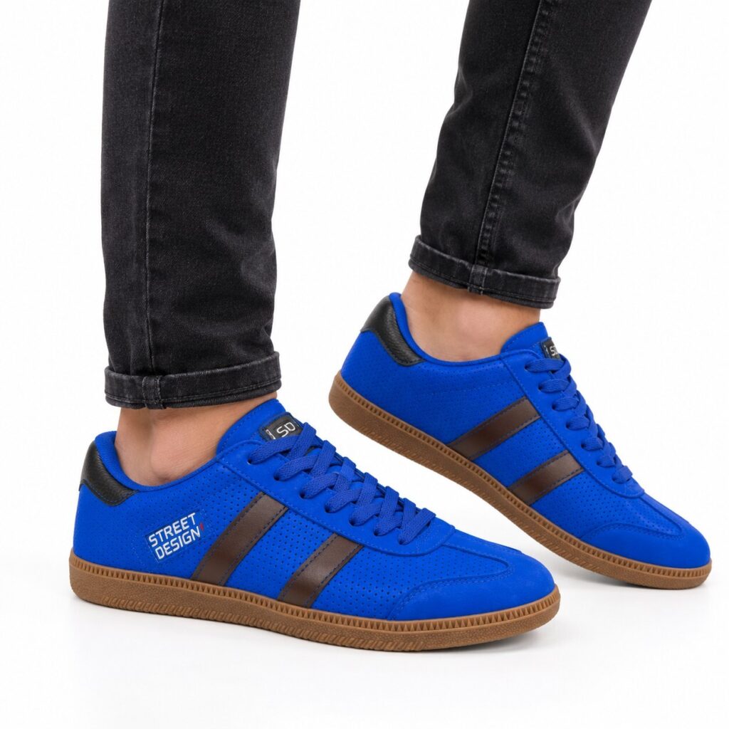 Street Design Men's Blue Sneakers with Brown Detailing, Size 9