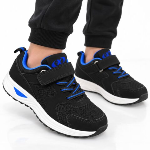 Kids Running Shoes – Black/Blue Mesh Sneakers with Adjustable Strap