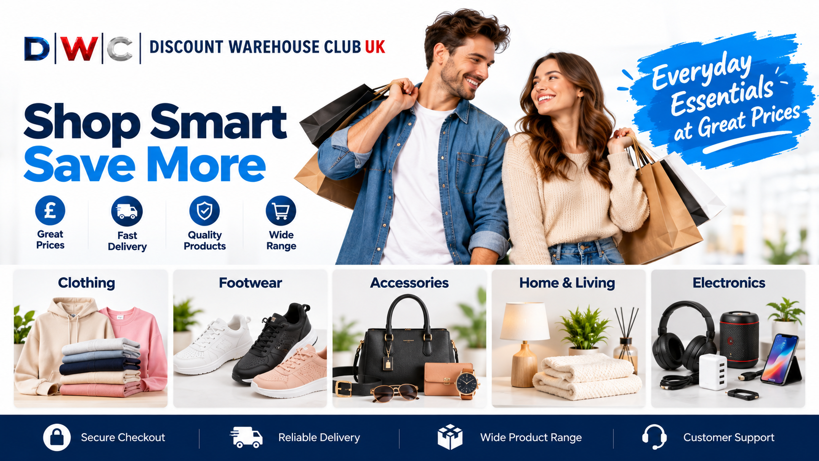 Affordable Fashion & Everyday Essentials | DWC 1 DWC Discount Warehouse Club UK promotional banner featuring clothing, footwear, accessories, home and electronics
